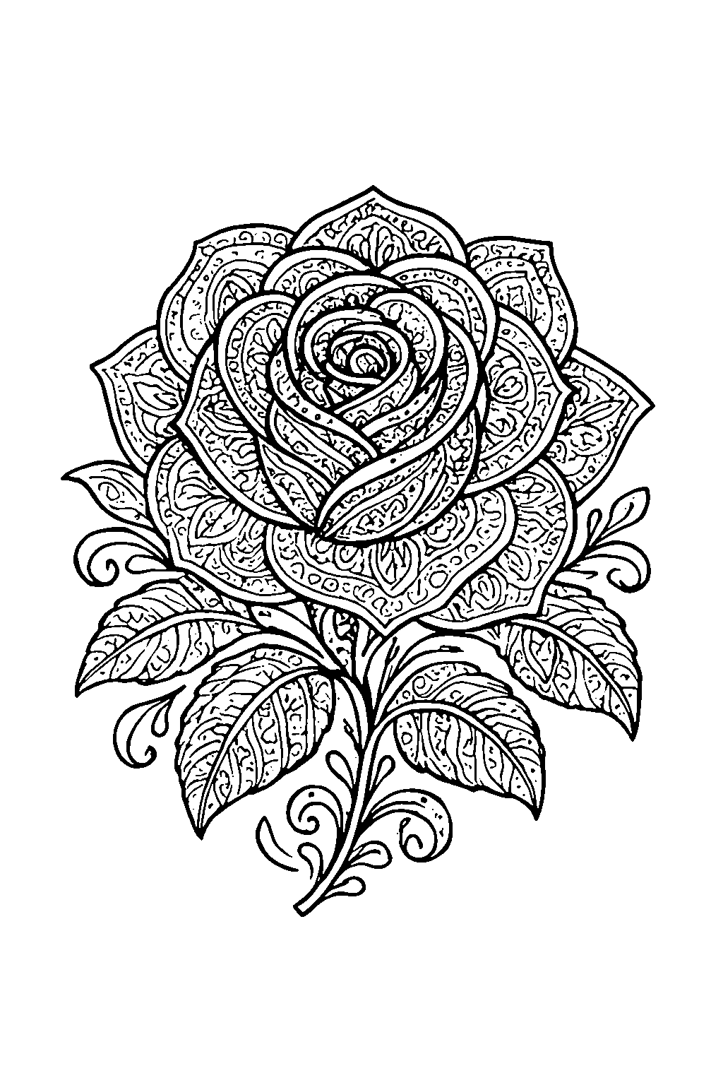 Ausmalbild Rose: filigrane schwarz-weiße Linienzeichnung zum Ausdrucken und Ausmalen (Variante 1)