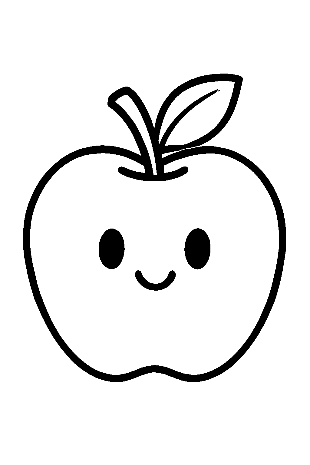 Ausmalbild Apfel: einfache schwarz-weiße Linienzeichnung zum Ausdrucken und Ausmalen (Variante 6)