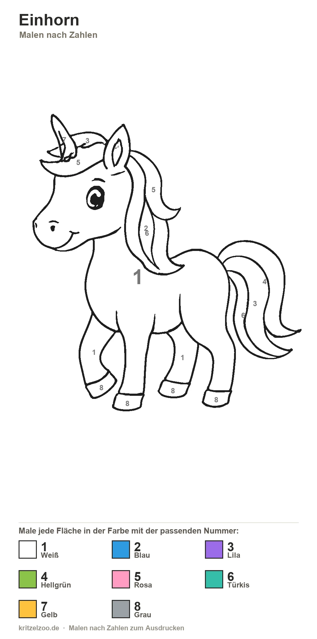 Einhorn Malen nach Zahlen Vorlage