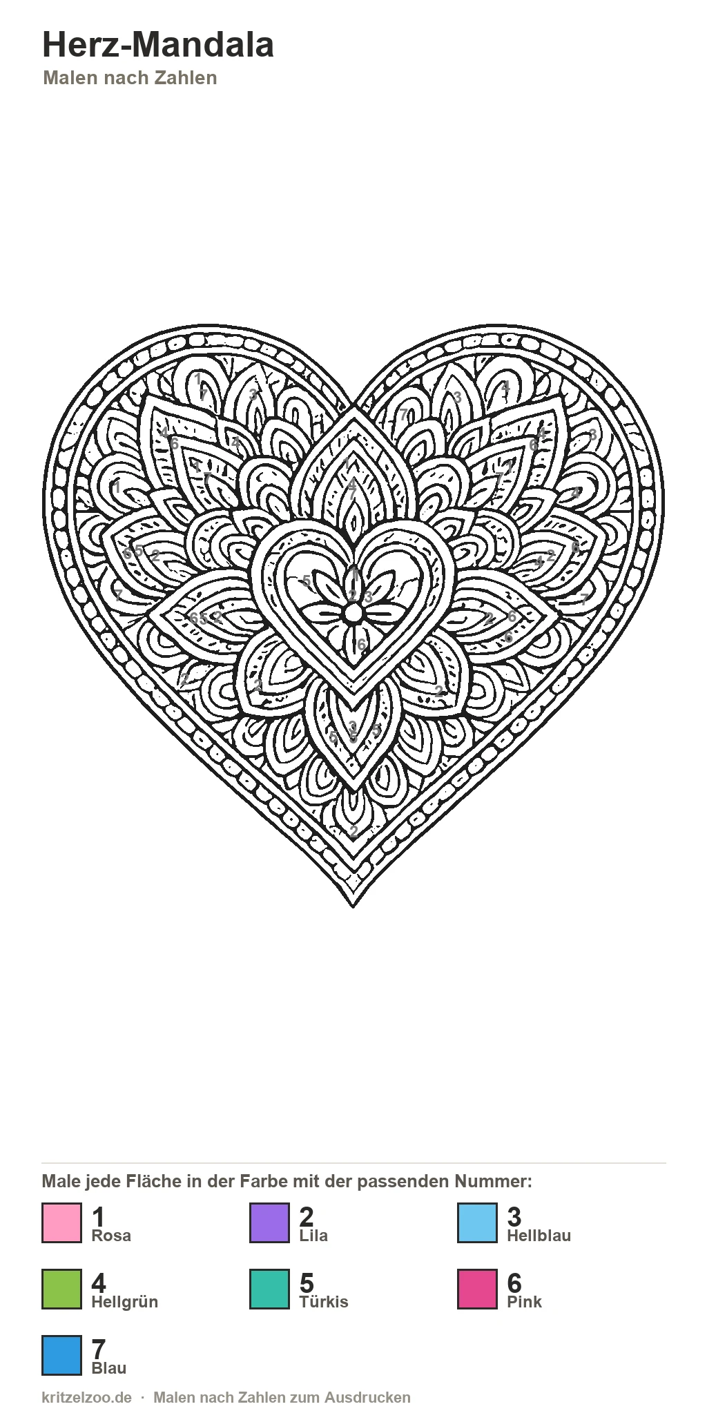 Herz-Mandala Malen nach Zahlen Vorlage