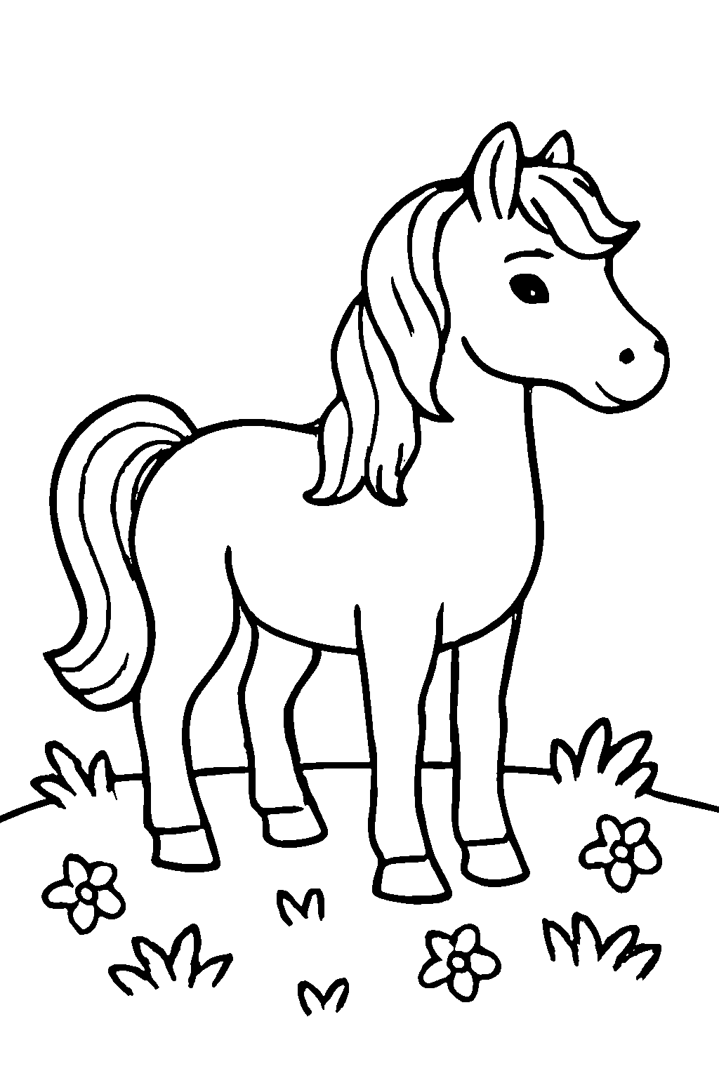 Ausmalbild Pferd: klare schwarz-weiße Linienzeichnung zum Ausdrucken und Ausmalen (Variante 2)